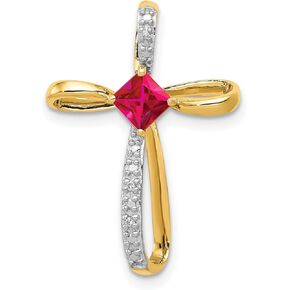 10k Yellow Gold Lab Created Ruby Diamond Cross Pendant 24 mm x 17 mm (0.003 cttw, I1 Clarity, H-I Color)