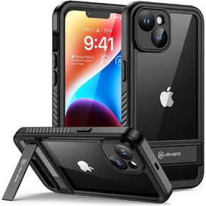 حافظة Lanhiem لهاتف iPhone 14 مع مسند، وواقي شاشة مدمج مقاوم للماء والغبار IP68، وغطاء أمامي وخلفي واقٍ مقاوم للصدمات لكامل الجسم لهاتف iPhone 14، 6.1 بوصة (أسود)
