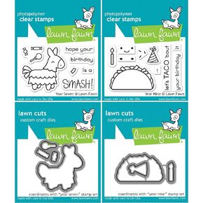 Lawn Fawn Mini Birthday Sets - Year Nine Taco & Year Seven Pinata - Stamps and Dies - 4 Items