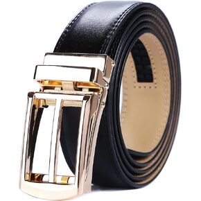 Mens Leather Ratchet Belts with Open Buckle Perfect Fit Dress Belt (One Size:32"-45" Waist, Black Leather & Gold style Metal Buckle)