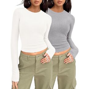 MASCOMODA Womens Ribbed Long Sleeve Crop Tops 2 Pack Casual Crewneck Tight Knit Slim Fitted Shirts Basic Layer Tees