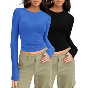 MASCOMODA Womens Ribbed Long Sleeve Crop Tops 2 Pack Casual Crewneck Tight Knit Slim Fitted Shirts Basic Layer Tees