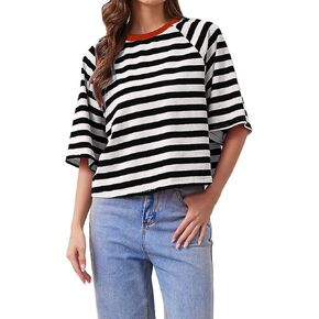 تي شيرتات نسائية كبيرة الحجم مخططة بألوان زاهية ورقبة دائرية من القطن الأساسي وأكمام قصيرة كاجوال فضفاضة للصيف تي شيرت in Kuwait