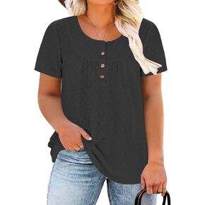 VISLILY Womens-Plus-Size-Summer-Tops Buttons Up Henley Shirts Flowy Pleated Tunics Trendy Eyelet Short Sleeve Blouses in Saudi Arabia