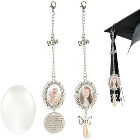 2pcs Graduation Memorial Photo Tassel Charm, Class of 2024 Personalized Graduation Cap Decoration with Round Nameplate & Angel Pendant for Graduation Ceremony Mortarboard