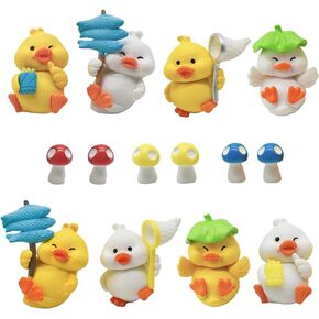 8Pcs Mini Duck Figurines with Lotus Leaf Fishing Net 1inch Miniature Duck Mushrooms Cake Toppers Fairy Garden Playset for DIY Moss Landscape Terrarium Crafts