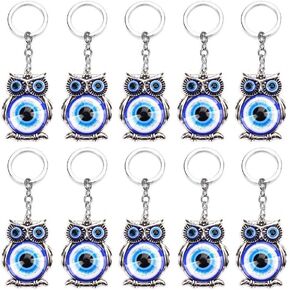 BLUE Owl Key Chain Evil Eye Feng Shui Glass Bead Turkish Good Lucky Hanging Charm Gift