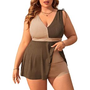 SweatyRocks Women's Plus Size Colorblock V Neck Ruffle Bathing Suit Tie Shoulder High Cut Two Piece Bikini Set