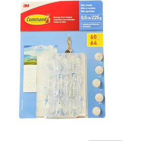 Command Clear Indoor Mini Hooks - Strong Hold & Damage-Free Hanging 0.5lb|225g, 60 Hooks & 64 Strips - 1 Pack