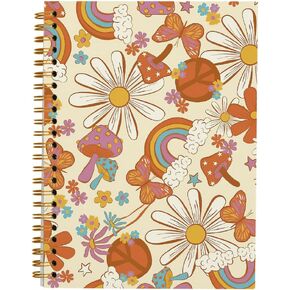 Tizzer Retro 70s Groovy Hippie Mushroom Daisy Butterfly Rainbow Peace Sign Lined Hardcover College Ruled Spiral Notebook Journal for Work Notes Journaling 5.5×8.3 Inch,Gifts for Women Teen Girls