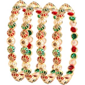 Jewar Mandi Bangles Set 4 Piece Ad Cz Handmade Multi Color Meena Work Gold Plated Color Stones Traditional Indian Bracelet For Women & Girls