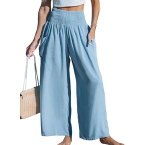CUPSHE Women Pants Woven Smocked Waist Utility Pockets Straight Leg Pants Casual Summer Holiday Beach