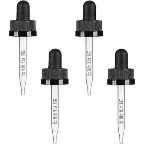 Child Resistant Calibrated Glass Eye Dropper for 1/2 oz Bottle, Black, 18-400 Neck Finish, 1 mL Capacity (4 Pack)