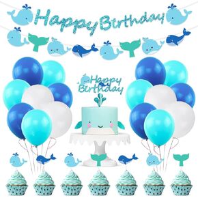 Ocean Whale Birthday Party Supplies, Sea Green and Blue Whale Birthday Banner Cake Toppers Balloons Garland Decorations, Nautical Theme Sea Animals Whale Baby Shower Under The Sea Pool Party for Kid