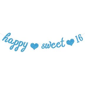 Blue Glitter Happy Sweet 16 Banner-Happy 16th Birthday/Anniversary Party Supplies - Time to Adult Birthday/Anniversary Party Decoration