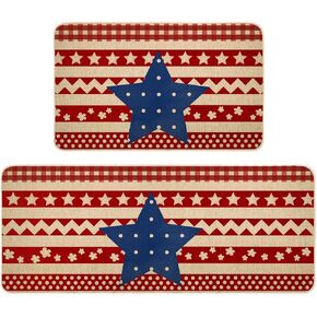 Patriotic Kitchen Rugs Set of 2, Non-Slip Absorbent Door Mat Stripes Stars Decorative Memorial Day Veterans Day Independence Day Kitchen Floor Mat 17x29 and 17x47 Inch DM157