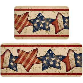American Flag Stars Patriotic Kitchen Rugs Set of 2, 4th of July Independence Day Home Decor Kitchen Mats for Floor 17x29 and 17x47 Inch DM159