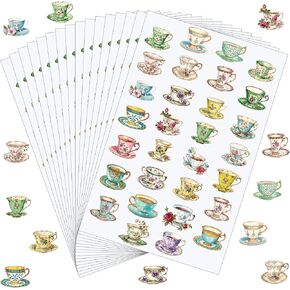 Humyoun 300 Pcs Tea Cup Stickers Rustic Mini Teacup Stickers Tea Time Party Favors Aesthetic Waterproof Vinyl Decals Pack for Water Bottles Scrapbooking Laptop Luggage Phone Skateboard