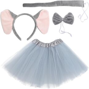 Elephant Costume Set Elephant Ear Headband Bowtie Tutu Skirt and Tail Animal Dress Up Accessories for Cosplay Party Supplies - Grey