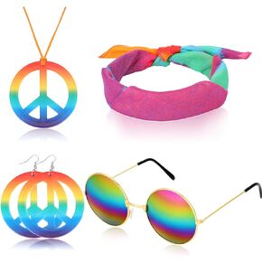 مجموعة أزياء هيبي المكونة من 4 قطع من إكسسوارات ملابس هيبي في الستينيات تتضمن نظارات هيبي وقلادة علامة السلام بألوان قوس قزح وعصابة رأس وأقراط علامة السلام الهبي in Kuwait