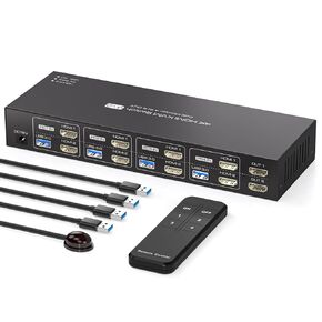 KVM Switch 2 شاشات 4 أجهزة كمبيوتر 4K @ 60HZ HDMI KVM Switches شاشة مزدوجة لمشاركة 4 أجهزة كمبيوتر، شاشتين و4 أجهزة USB3.0 مع أربعة كابلات USB3.0 وجهاز تحكم عن بعد بالأشعة تحت الحمراء