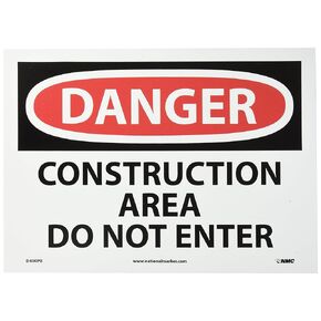 NMC D490RB OSHA Sign, Legend "DANGER - CONSTRUCTION AREA DO NOT ENTER", 14" Length x 10" Height, Rigid Plastic, Red/Black on White