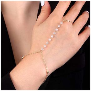 Boho Pearl Finger Ring Bracelet Gold Bead Slave Chain Bracelet Wedding Pearl Ring Wrist Bracelet Vintage Pearl Hand Chain Bracelet Jewelry for Women and Girls