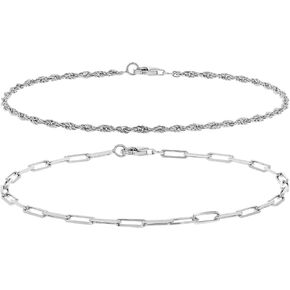 Sterling Silver 2mm Rope & 2.5mm Paperclip Link Bracelet Set of 2 for Women