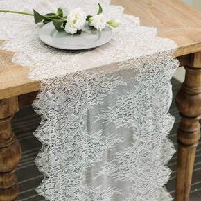 Hooqict 4 Pack Lace Table Runner 14 x 120 Inch Ivory White Classy Table Runner for Rustic Wedding Table Decorations Baby & Bridal Shower Decor Vintage Rose Embroidered Boho Party Table Runner