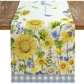 ARKENY Summer Table Runner 13x72 Inches, Sunflower Butterfly Gather Together Spring Seasonal Farmhouse Buffalo Plaid Burlap Indoor Anniversary Dining Table Decor for Home AT607-72