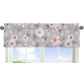 Sweet Jojo Designs Grey Watercolor Floral Window Treatment Valance - Blush Pink Gray and White Shabby Chic Rose Flower Farmhouse