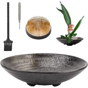 WANDIC Large Size Threaded Flower Arrangement Supplies, 3-Legged Round Bowl & 7cm Floral Frog for Ikebana Black Ceramic Floral Vase Plant Arranging