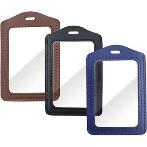 3 Pack Genuine Leather Badge Holders, Vertical ID Card Holders with Double-Side Clear Window, Waterproof Clear Card Holder for Office, Staff, Students, Employees