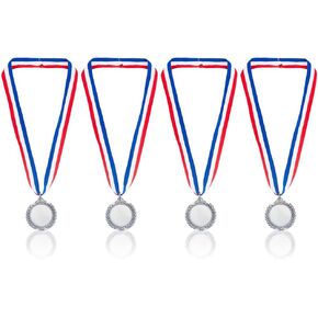 4 Pcs Blank Award Medal, Silver Alloy Engraved Blank Medal with Neck Ribbons Winner Awards Make Your Own Medals Kit for Sports Competitions Celebration and Party Favors