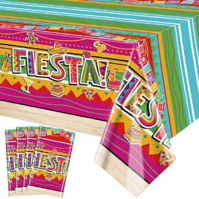 Mexican Fiesta 4Pcs Plastic Tablecloths, 86 x 51 Inch, Stain Resistant, Rectangular, Party Decorations, Cinco De Mayo, Taco Night, Birthday, Indoor/Outdoor Use
