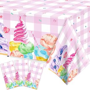 3Pcs Ice-cream Party Tablecloths,Pink 87" Lx51 W Rectangular Plastic Table Covers,Kids' Party Disposable Tablecloths for Decoration,Birthday Party,Baby Showers