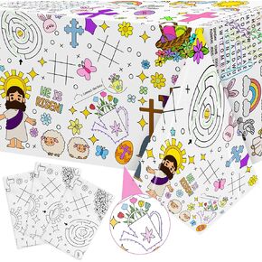 3 Pack Disposable Easter Color-in Paper Tablecloth, He Is Risen Rectangle Paper Table Cover for Kids Easter Party Supplies School DIY Activities Game Spring Holiday Birthday Party Decoration