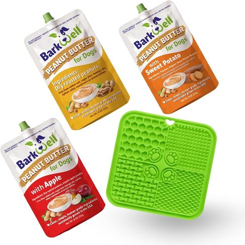 Peanut Butter Squeeze - All-Natural Dog Peanut Butter Dog Treat 3 Pack (24 oz) Sourced and Made in The USA Plus Free Lick Mat. Peanut Butter, Sweet Potato and Apple. 100% Natural in Saudi Arabia