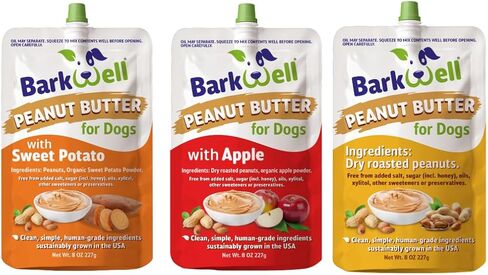 Peanut Butter Squeeze - All-Natural Dog Peanut Butter Dog Treat 3 Pack (24 oz) Sourced and Made in The USA Plus Free Lick Mat. Peanut Butter, Sweet Potato and Apple. 100% Natural in Saudi Arabia