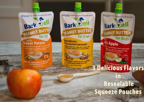Peanut Butter Squeeze - All-Natural Dog Peanut Butter Dog Treat 3 Pack (24 oz) Sourced and Made in The USA Plus Free Lick Mat. Peanut Butter, Sweet Potato and Apple. 100% Natural in Saudi Arabia