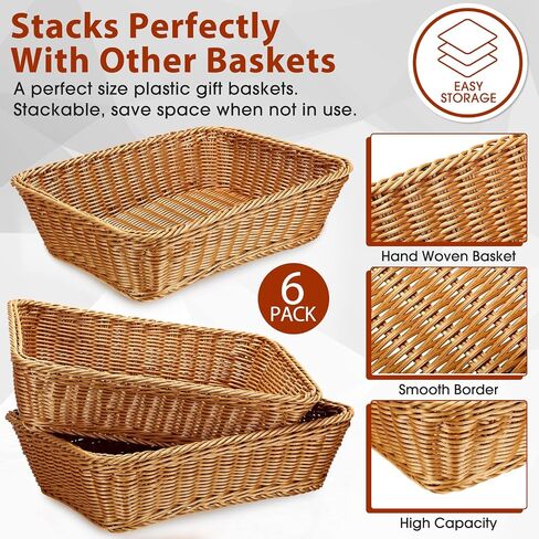6 Pcs 17.7 Inch Poly Wicker Bread Basket Woven Bread Baskets Rattan Fruit Basket Tabletop Food Basket for Vegetables Restaurant Home Kitchen Serving Display in Saudi Arabia