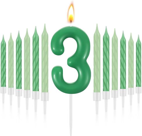 13 Pcs Candle Kit Include 12 Gradient Green Spiral Taper Candle Sticks and 1 Number Candle, Unscented Short Tapered Candles for Birthday Wedding Lucky Party Decoration (Number 3) in Saudi Arabia