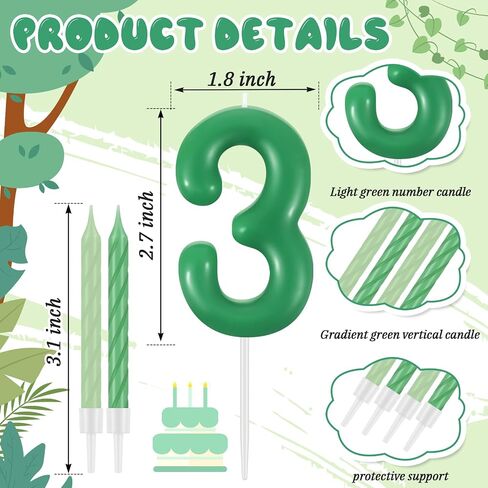 13 Pcs Candle Kit Include 12 Gradient Green Spiral Taper Candle Sticks and 1 Number Candle, Unscented Short Tapered Candles for Birthday Wedding Lucky Party Decoration (Number 3) in Saudi Arabia