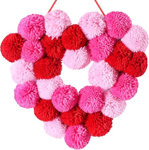 Valentine Day Wreath Felt Pom Pom Wreath Balls 11.8 Inch Valentine Wreath Decorations Colorful Felt Ball Wreath for Front Door Indoor Outdoor Walls and Windows (Circle Style) in Saudi Arabia