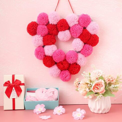 Valentine Day Wreath Felt Pom Pom Wreath Balls 11.8 Inch Valentine Wreath Decorations Colorful Felt Ball Wreath for Front Door Indoor Outdoor Walls and Windows (Circle Style) in Saudi Arabia