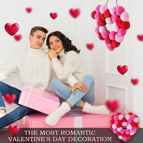 Valentine Day Wreath Felt Pom Pom Wreath Balls 11.8 Inch Valentine Wreath Decorations Colorful Felt Ball Wreath for Front Door Indoor Outdoor Walls and Windows (Circle Style) in Saudi Arabia