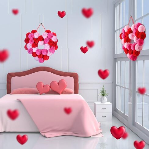 Valentine Day Wreath Felt Pom Pom Wreath Balls 11.8 Inch Valentine Wreath Decorations Colorful Felt Ball Wreath for Front Door Indoor Outdoor Walls and Windows (Circle Style) in Saudi Arabia