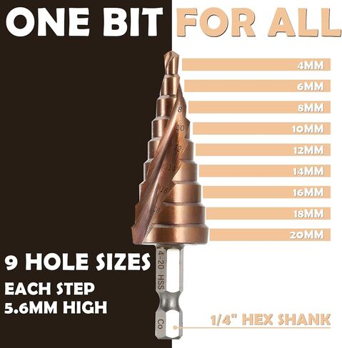 مجموعة لقم الثقب المتدرجة 3 قطع مترية مع حقيبة، ثقب مركزي تلقائي (4-12 مم/4-20 مم/4-32 مم)، ساق سداسية 1/4 بوصة تغيير سريع من الفولاذ المطلي بالتيتانيوم عالي السرعة للنحاس/الألومنيوم/الخشب/البلاستيك in Kuwait