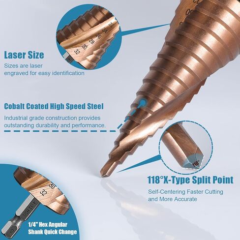 مجموعة لقم الثقب المتدرجة 3 قطع مترية مع حقيبة، ثقب مركزي تلقائي (4-12 مم/4-20 مم/4-32 مم)، ساق سداسية 1/4 بوصة تغيير سريع من الفولاذ المطلي بالتيتانيوم عالي السرعة للنحاس/الألومنيوم/الخشب/البلاستيك in Kuwait