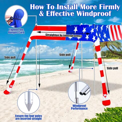 خيمة الشاطئ مظلة الشمس المأوى 10 × 10 قدم العلم الأمريكي التخييم الشمس المأوى المحمولة يندبروف سهلة الإعداد مظلة الشاطئ مظلة مع أكياس الرمل ل4th من يوليو في الهواء الطلق الفناء الخلفي الصيد التخييم in Kuwait